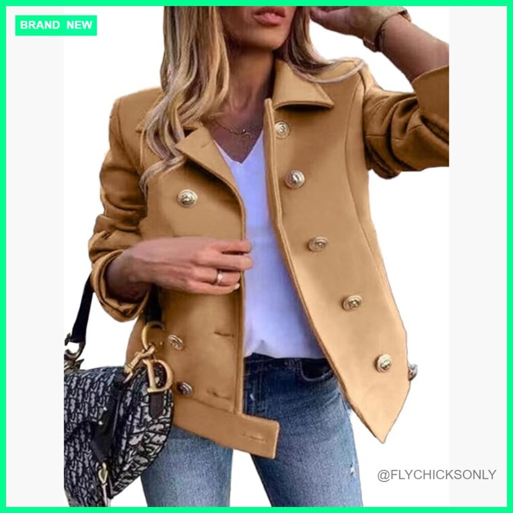 Cropped Wool Blend Pea Coat Double Breasted Notch Lapel Blazer